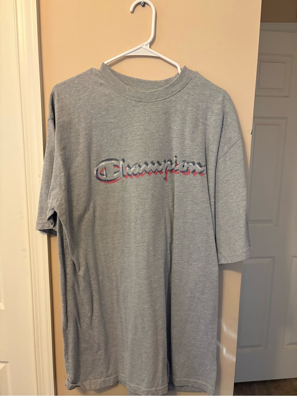 Champion Gray Short Sleeve Logo Tee with Red & Navy Accent